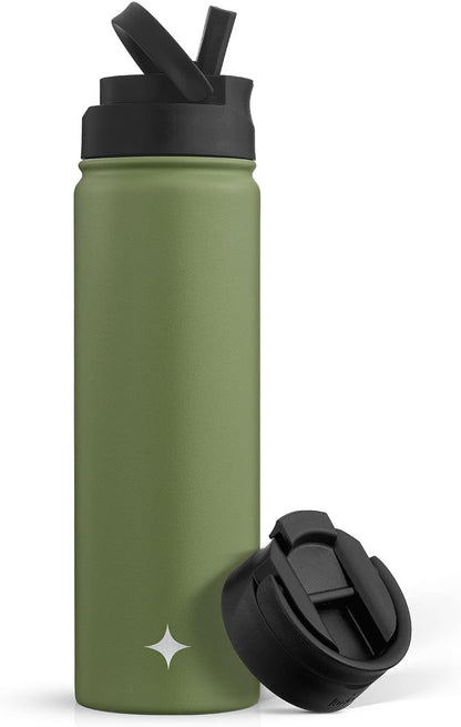 Triple Insulated Water Bottle with Straw Lid AND Flip Lid! 22oz Water Bottle, 12 Hour Hot/Cold Vacuum Insulated Stainless Steel Water Bottle. BPA-Free Leakproof Water Bottles - Thermos Bottle