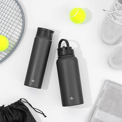 Triple Insulated Water Bottle with Straw Lid AND Flip Lid! 22oz Water Bottle, 12 Hour Hot/Cold Vacuum Insulated Stainless Steel Water Bottle. BPA-Free Leakproof Water Bottles - Thermos Bottle