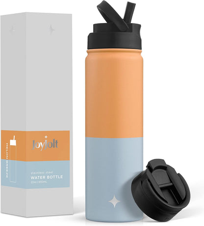 Triple Insulated Water Bottle with Straw Lid AND Flip Lid! 22oz Water Bottle, 12 Hour Hot/Cold Vacuum Insulated Stainless Steel Water Bottle. BPA-Free Leakproof Water Bottles - Thermos Bottle