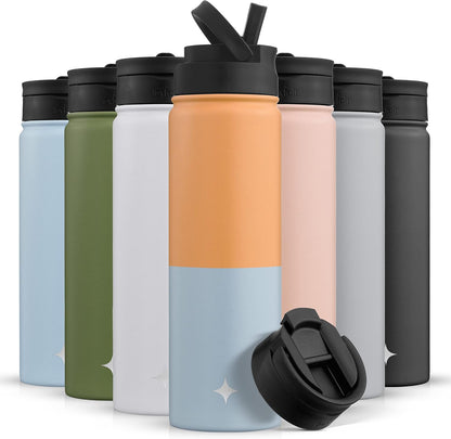 Triple Insulated Water Bottle with Straw Lid AND Flip Lid! 22oz Water Bottle, 12 Hour Hot/Cold Vacuum Insulated Stainless Steel Water Bottle. BPA-Free Leakproof Water Bottles - Thermos Bottle