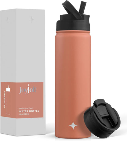 Triple Insulated Water Bottle with Straw Lid AND Flip Lid! 22oz Water Bottle, 12 Hour Hot/Cold Vacuum Insulated Stainless Steel Water Bottle. BPA-Free Leakproof Water Bottles - Thermos Bottle