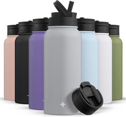 Triple Insulated Water Bottle with Straw Lid AND Flip Lid! 22oz Water Bottle, 12 Hour Hot/Cold Vacuum Insulated Stainless Steel Water Bottle. BPA-Free Leakproof Water Bottles - Thermos Bottle