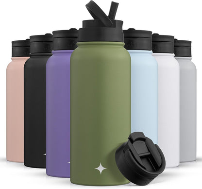 Triple Insulated Water Bottle with Straw Lid AND Flip Lid! 22oz Water Bottle, 12 Hour Hot/Cold Vacuum Insulated Stainless Steel Water Bottle. BPA-Free Leakproof Water Bottles - Thermos Bottle