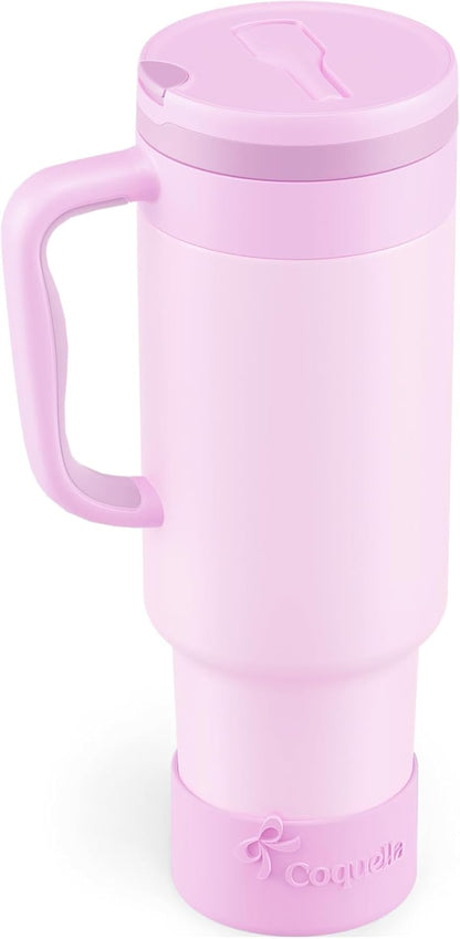 40 oz Insulated Tumbler with Handle and Push-Button Straw Lid, Stainless Steel Travel Cup for Gym Office, Leakproof, BPA-Free, Cup Holder Friendly, Bow Silicone Boot, Purple (Light Lilac)