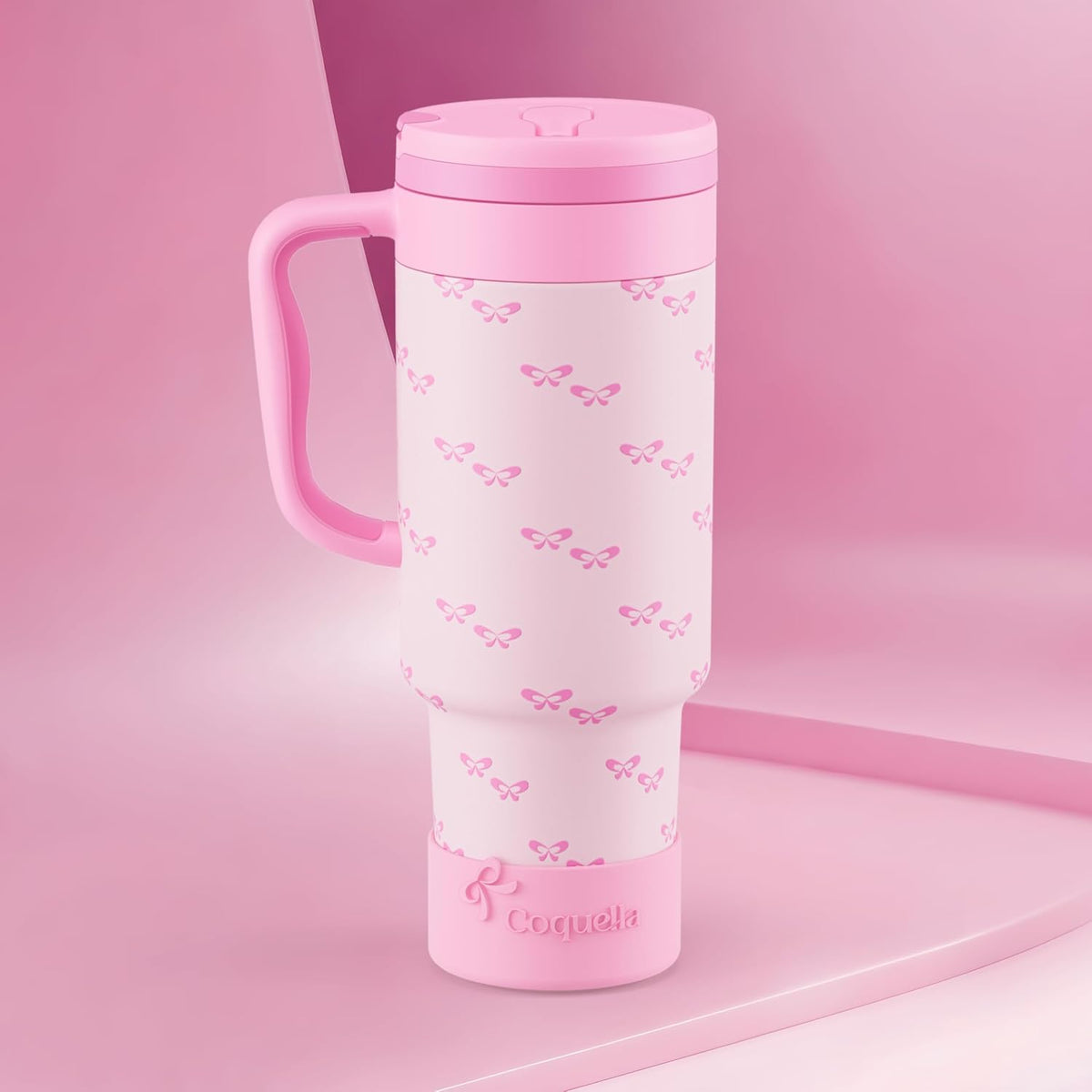 40 oz Insulated Tumbler with Handle and Push-Button Straw Lid, Stainless Steel Travel Cup for Gym Office, Leakproof, BPA-Free, Cup Holder Friendly, Bow Silicone Boot, Purple (Light Lilac)