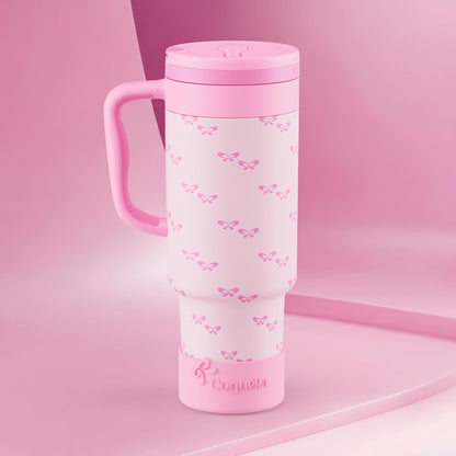 40 oz Insulated Tumbler with Handle and Push-Button Straw Lid, Stainless Steel Travel Cup for Gym Office, Leakproof, BPA-Free, Cup Holder Friendly, Bow Silicone Boot, Purple (Light Lilac)