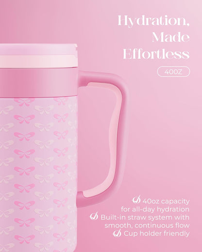 40 oz Insulated Tumbler with Handle and Push-Button Straw Lid, Stainless Steel Travel Cup for Gym Office, Leakproof, BPA-Free, Cup Holder Friendly, Bow Silicone Boot, Purple (Light Lilac)