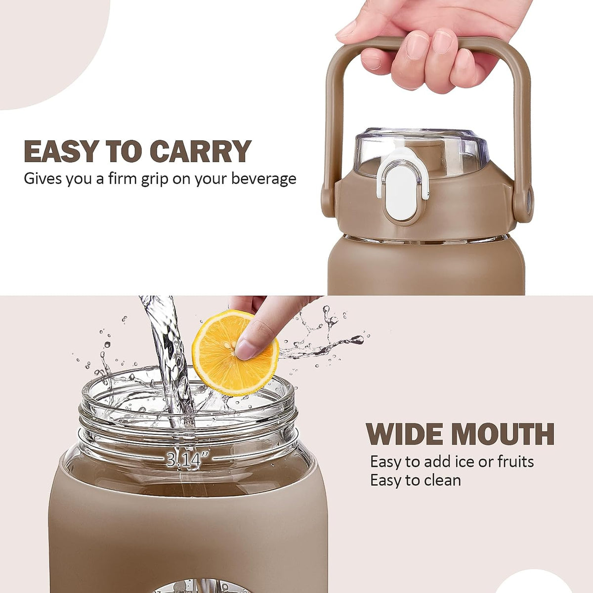64oz Glass Water Bottles with Straw, Half Gallon Motivational Glass Bottle with Silicone Sleeve and Time Marker, 2L Leakproof Large Glass Water Jug for Gym Home Office,olive