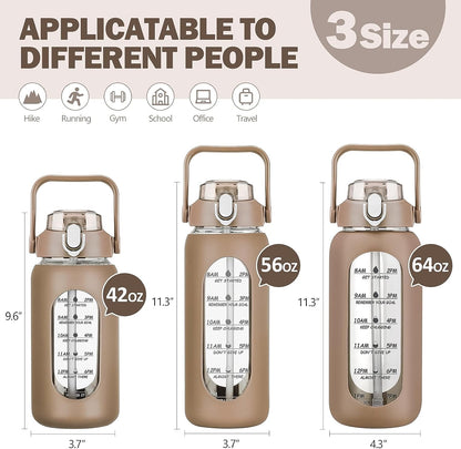 64oz Glass Water Bottles with Straw, Half Gallon Motivational Glass Bottle with Silicone Sleeve and Time Marker, 2L Leakproof Large Glass Water Jug for Gym Home Office,olive