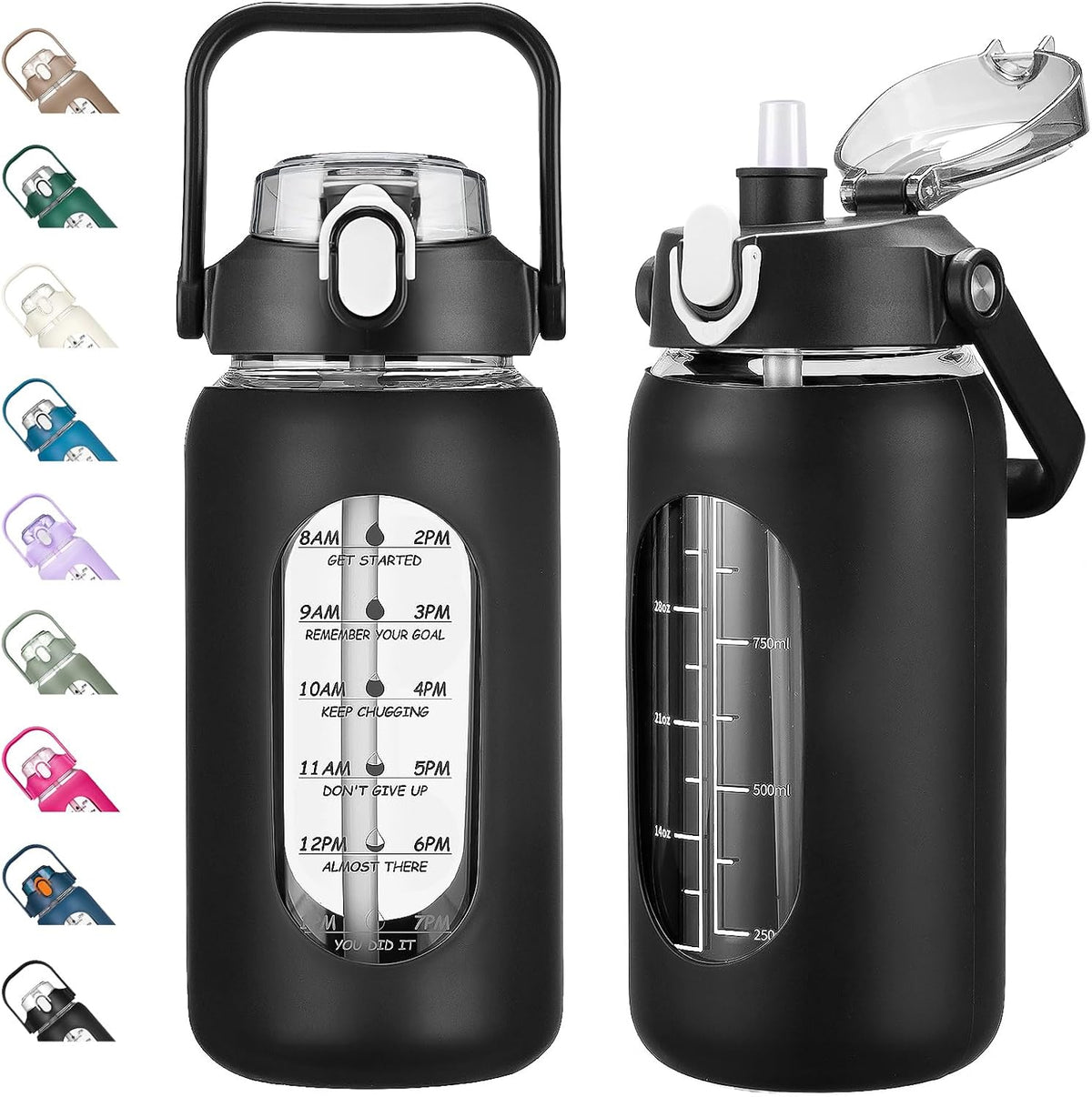 64oz Glass Water Bottles with Straw, Half Gallon Motivational Glass Bottle with Silicone Sleeve and Time Marker, 2L Leakproof Large Glass Water Jug for Gym Home Office,olive