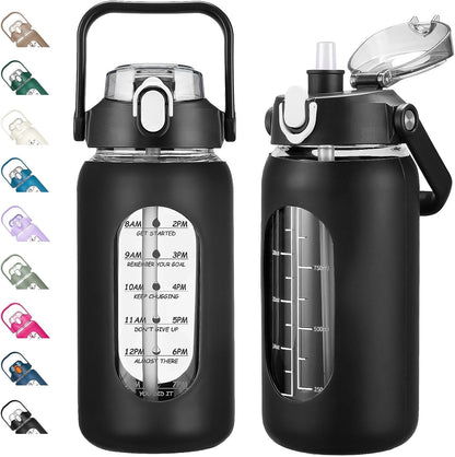 64oz Glass Water Bottles with Straw, Half Gallon Motivational Glass Bottle with Silicone Sleeve and Time Marker, 2L Leakproof Large Glass Water Jug for Gym Home Office,olive