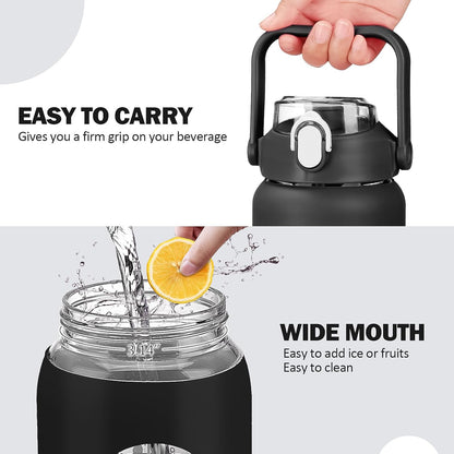 64oz Glass Water Bottles with Straw, Half Gallon Motivational Glass Bottle with Silicone Sleeve and Time Marker, 2L Leakproof Large Glass Water Jug for Gym Home Office,olive