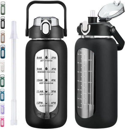 64oz Glass Water Bottles with Straw, Half Gallon Motivational Glass Bottle with Silicone Sleeve and Time Marker, 2L Leakproof Large Glass Water Jug for Gym Home Office,olive