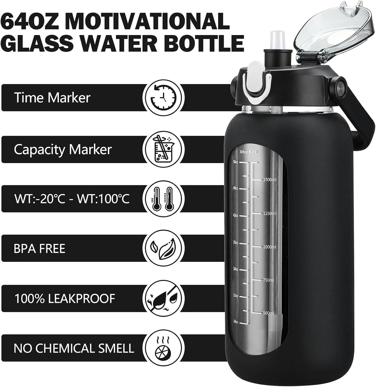 64oz Glass Water Bottles with Straw, Half Gallon Motivational Glass Bottle with Silicone Sleeve and Time Marker, 2L Leakproof Large Glass Water Jug for Gym Home Office,olive