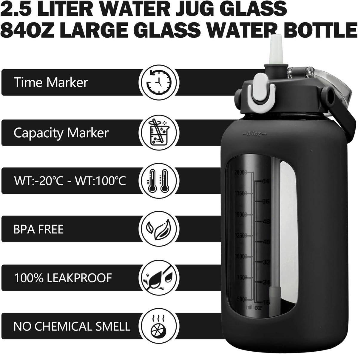 64oz Glass Water Bottles with Straw, Half Gallon Motivational Glass Bottle with Silicone Sleeve and Time Marker, 2L Leakproof Large Glass Water Jug for Gym Home Office,olive