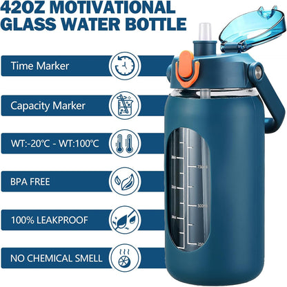 64oz Glass Water Bottles with Straw, Half Gallon Motivational Glass Bottle with Silicone Sleeve and Time Marker, 2L Leakproof Large Glass Water Jug for Gym Home Office,olive