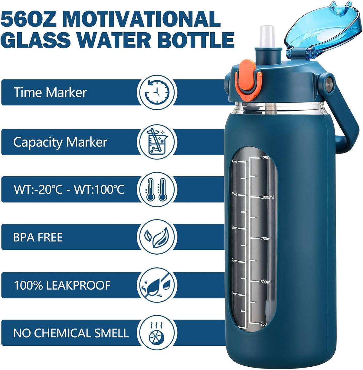 64oz Glass Water Bottles with Straw, Half Gallon Motivational Glass Bottle with Silicone Sleeve and Time Marker, 2L Leakproof Large Glass Water Jug for Gym Home Office,olive