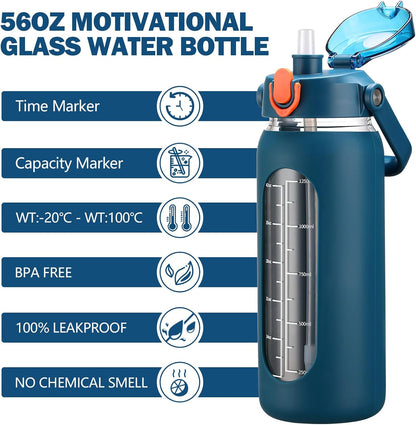 64oz Glass Water Bottles with Straw, Half Gallon Motivational Glass Bottle with Silicone Sleeve and Time Marker, 2L Leakproof Large Glass Water Jug for Gym Home Office,olive