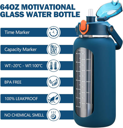 64oz Glass Water Bottles with Straw, Half Gallon Motivational Glass Bottle with Silicone Sleeve and Time Marker, 2L Leakproof Large Glass Water Jug for Gym Home Office,olive