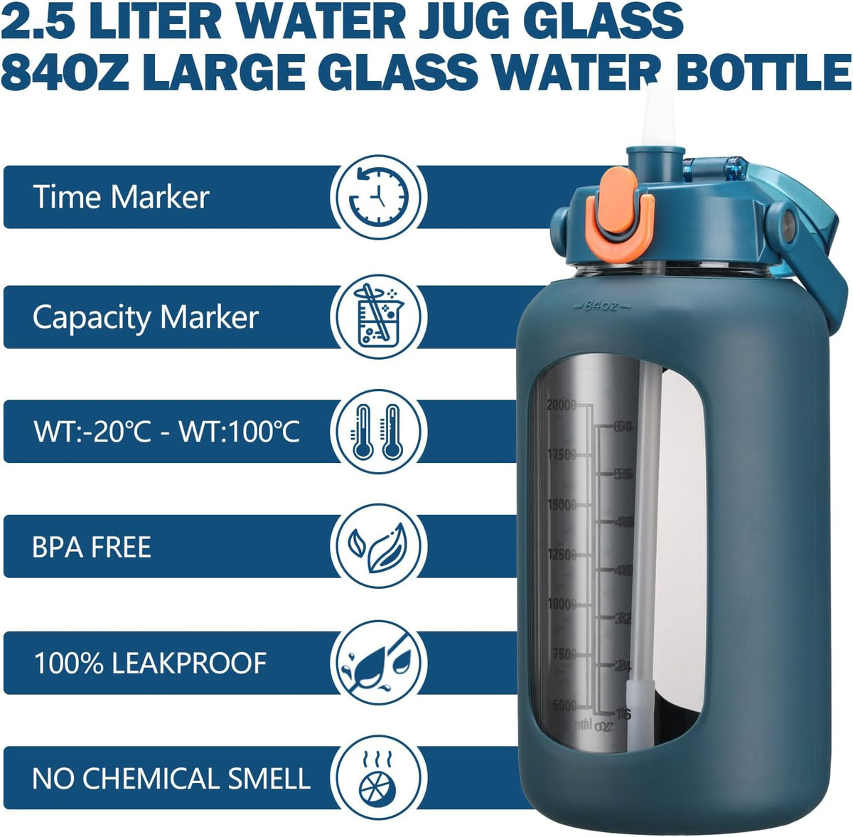 64oz Glass Water Bottles with Straw, Half Gallon Motivational Glass Bottle with Silicone Sleeve and Time Marker, 2L Leakproof Large Glass Water Jug for Gym Home Office,olive