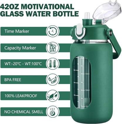 64oz Glass Water Bottles with Straw, Half Gallon Motivational Glass Bottle with Silicone Sleeve and Time Marker, 2L Leakproof Large Glass Water Jug for Gym Home Office,olive