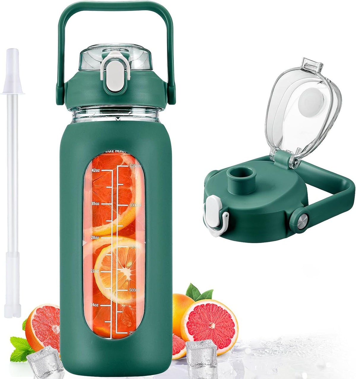 64oz Glass Water Bottles with Straw, Half Gallon Motivational Glass Bottle with Silicone Sleeve and Time Marker, 2L Leakproof Large Glass Water Jug for Gym Home Office,olive