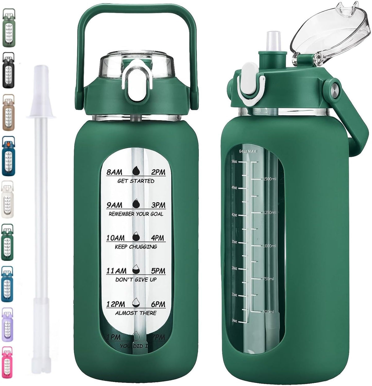 64oz Glass Water Bottles with Straw, Half Gallon Motivational Glass Bottle with Silicone Sleeve and Time Marker, 2L Leakproof Large Glass Water Jug for Gym Home Office,olive