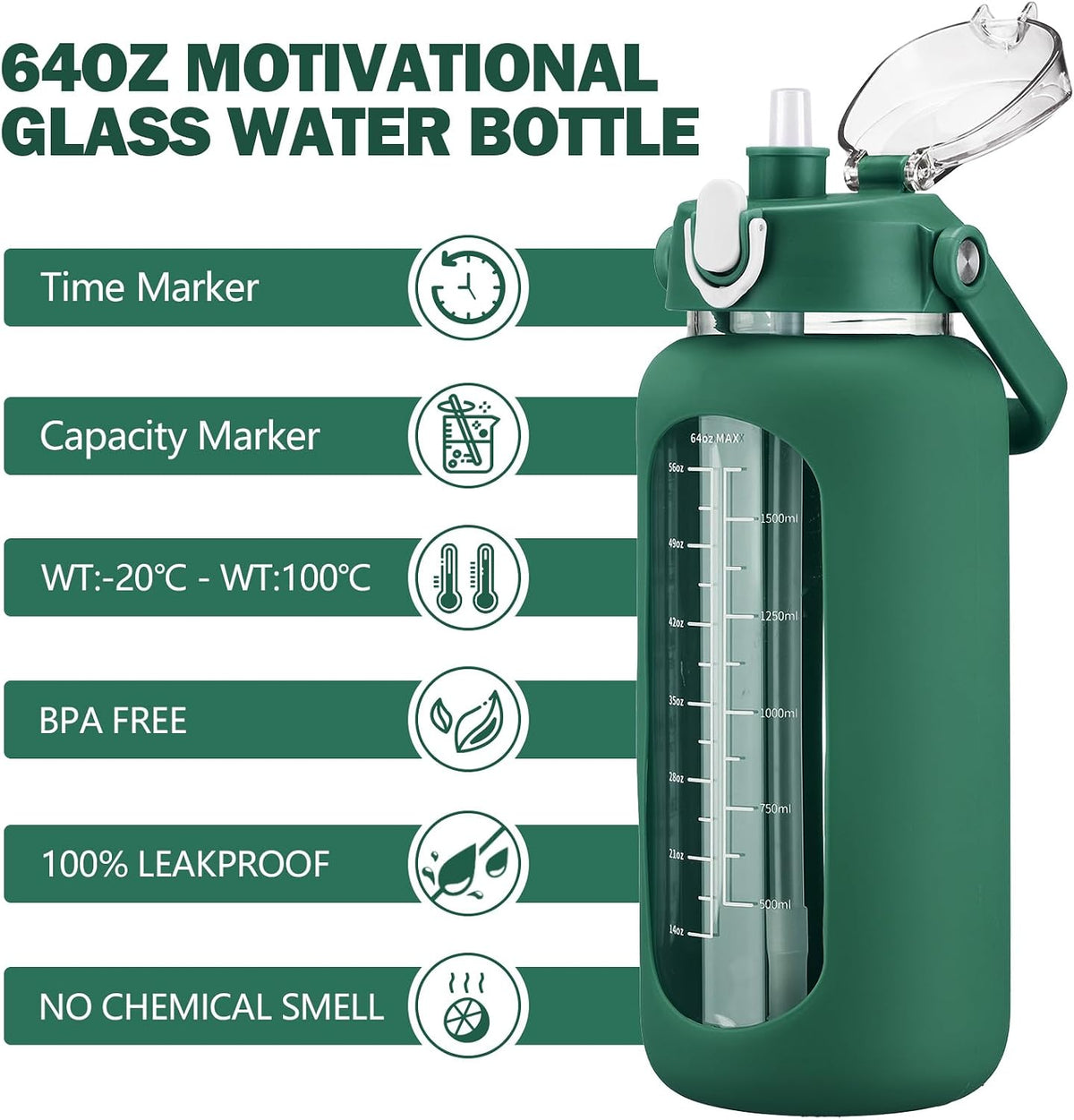 64oz Glass Water Bottles with Straw, Half Gallon Motivational Glass Bottle with Silicone Sleeve and Time Marker, 2L Leakproof Large Glass Water Jug for Gym Home Office,olive