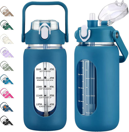 64oz Glass Water Bottles with Straw, Half Gallon Motivational Glass Bottle with Silicone Sleeve and Time Marker, 2L Leakproof Large Glass Water Jug for Gym Home Office,olive