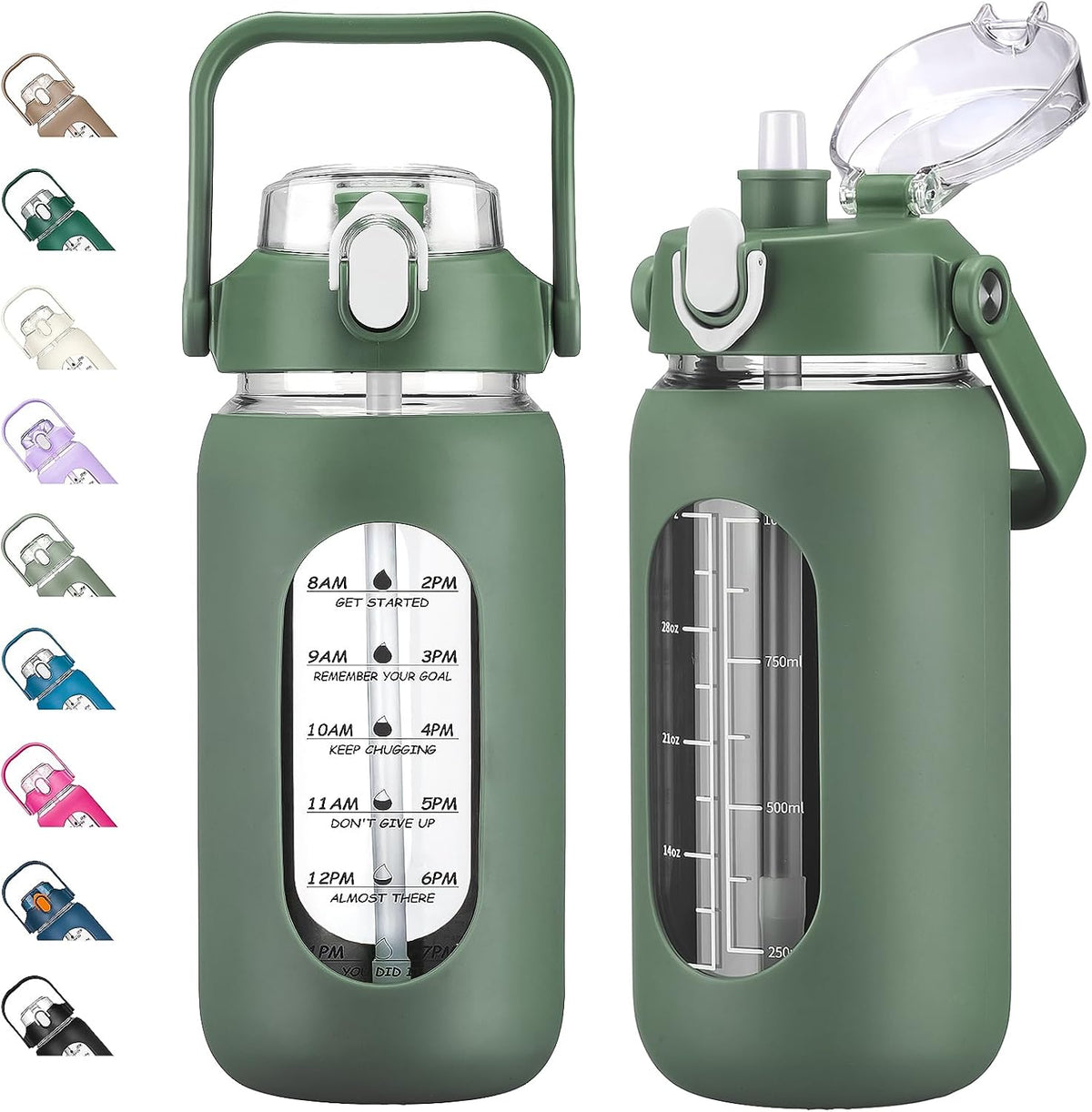 64oz Glass Water Bottles with Straw, Half Gallon Motivational Glass Bottle with Silicone Sleeve and Time Marker, 2L Leakproof Large Glass Water Jug for Gym Home Office,olive
