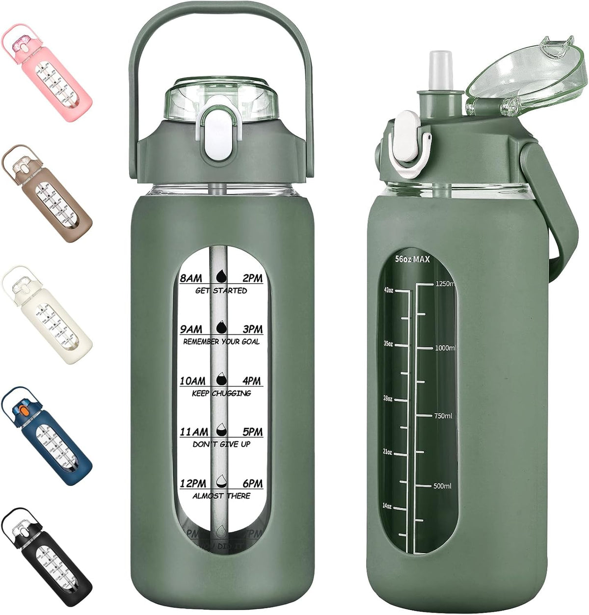 64oz Glass Water Bottles with Straw, Half Gallon Motivational Glass Bottle with Silicone Sleeve and Time Marker, 2L Leakproof Large Glass Water Jug for Gym Home Office,olive