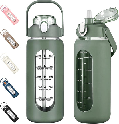 64oz Glass Water Bottles with Straw, Half Gallon Motivational Glass Bottle with Silicone Sleeve and Time Marker, 2L Leakproof Large Glass Water Jug for Gym Home Office,olive