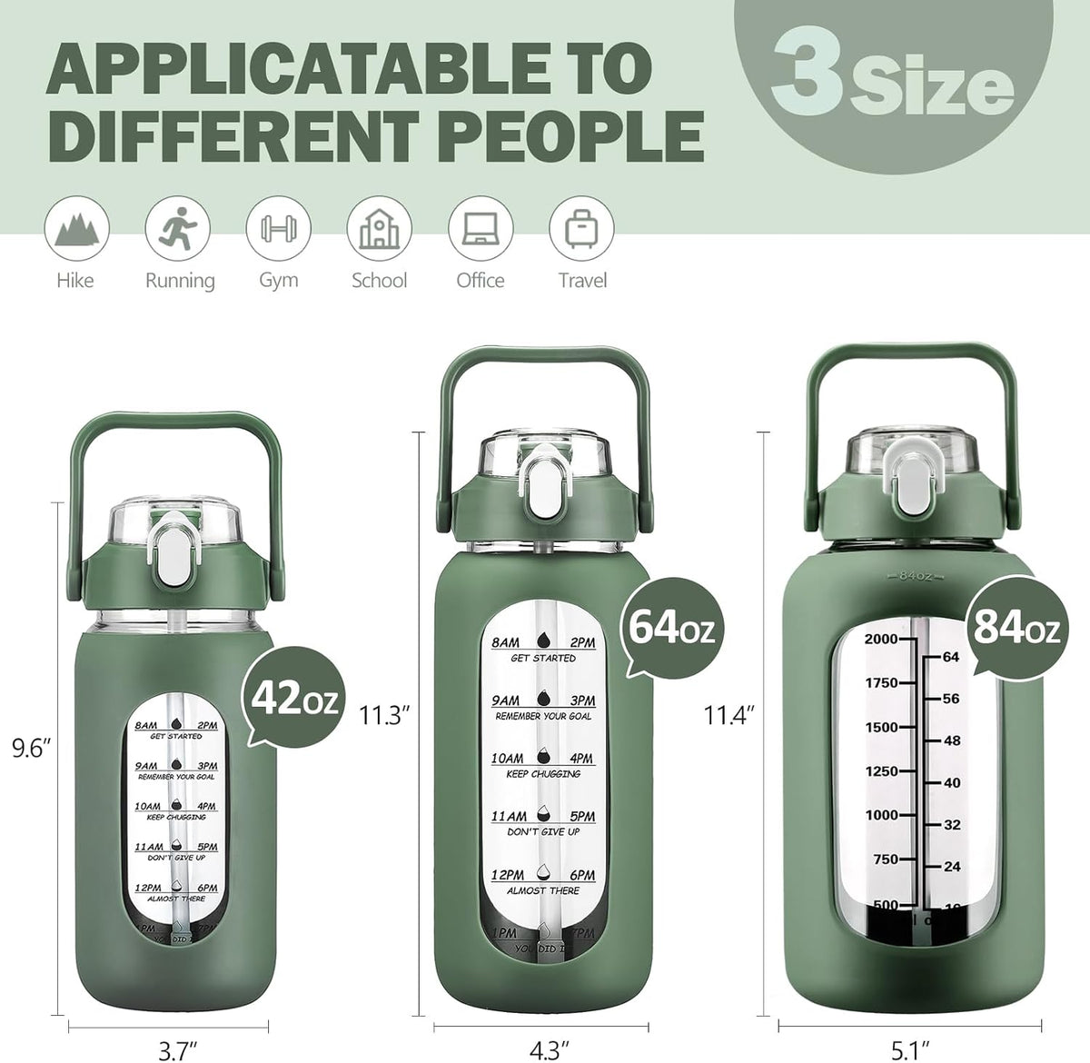 64oz Glass Water Bottles with Straw, Half Gallon Motivational Glass Bottle with Silicone Sleeve and Time Marker, 2L Leakproof Large Glass Water Jug for Gym Home Office,olive