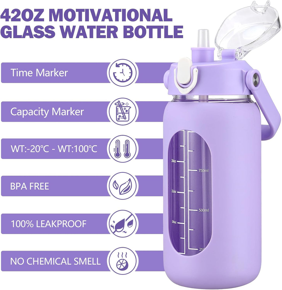 64oz Glass Water Bottles with Straw, Half Gallon Motivational Glass Bottle with Silicone Sleeve and Time Marker, 2L Leakproof Large Glass Water Jug for Gym Home Office,olive