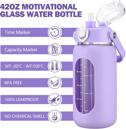 64oz Glass Water Bottles with Straw, Half Gallon Motivational Glass Bottle with Silicone Sleeve and Time Marker, 2L Leakproof Large Glass Water Jug for Gym Home Office,olive