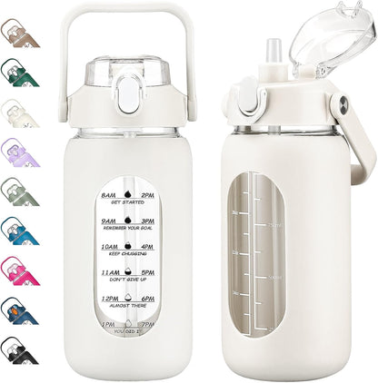 64oz Glass Water Bottles with Straw, Half Gallon Motivational Glass Bottle with Silicone Sleeve and Time Marker, 2L Leakproof Large Glass Water Jug for Gym Home Office,olive