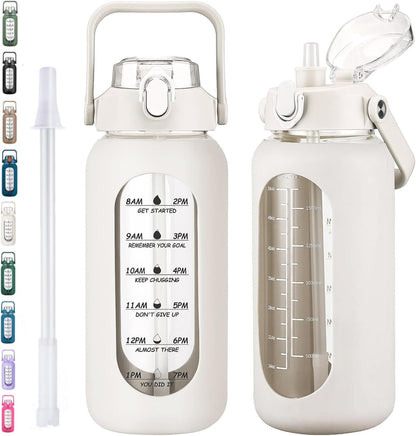 64oz Glass Water Bottles with Straw, Half Gallon Motivational Glass Bottle with Silicone Sleeve and Time Marker, 2L Leakproof Large Glass Water Jug for Gym Home Office,olive