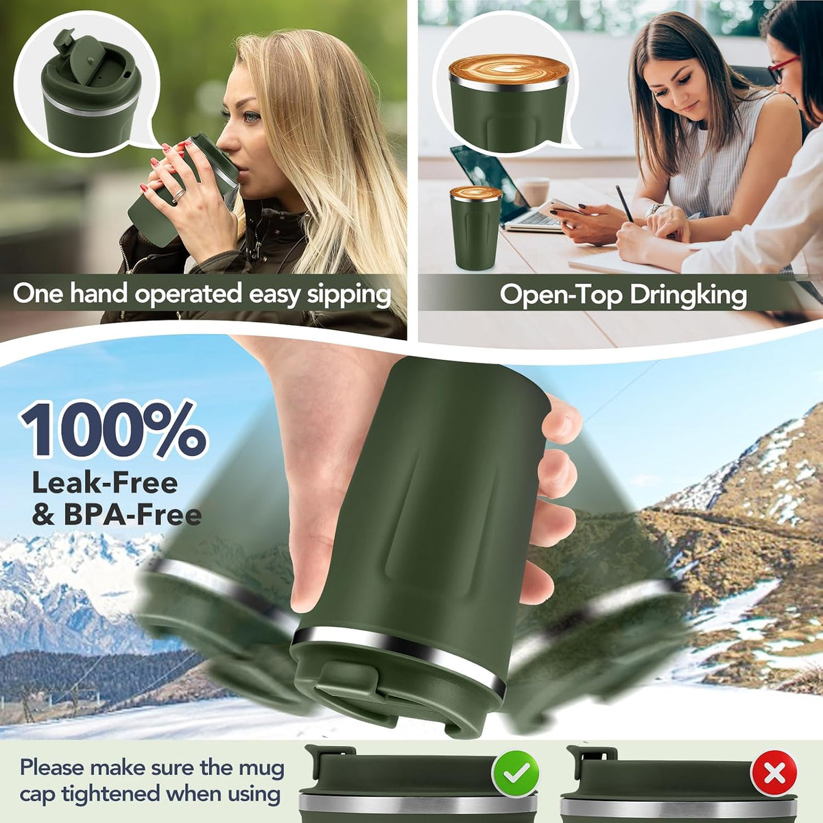 Volhoply 12 oz Double Wall Insulated Vacuum Travel Coffee Mugs with Flip Lid Bulk,Reusable Stainless Steel Leak Proof Coffee Cup,Portable Cafe Thermal Tumbler for Hot & Cold Drinks(Mix,2 Set)