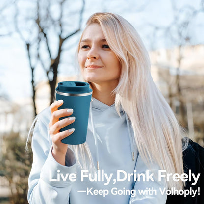 Volhoply 12 oz Double Wall Insulated Vacuum Travel Coffee Mugs with Flip Lid Bulk,Reusable Stainless Steel Leak Proof Coffee Cup,Portable Cafe Thermal Tumbler for Hot & Cold Drinks(Mix,2 Set)
