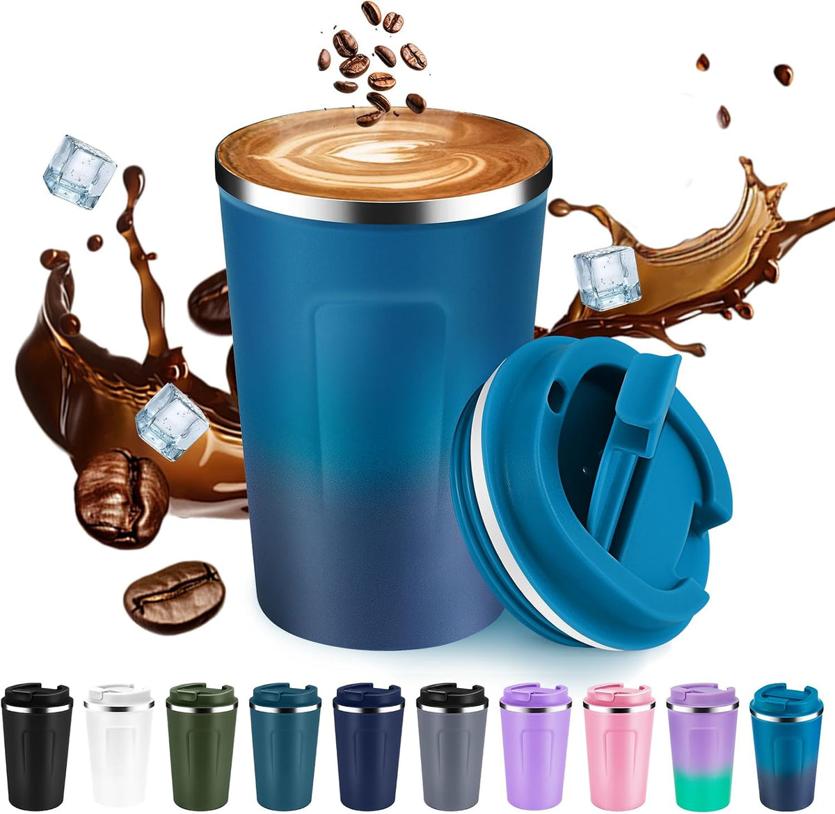 Volhoply 12 oz Double Wall Insulated Vacuum Travel Coffee Mugs with Flip Lid Bulk,Reusable Stainless Steel Leak Proof Coffee Cup,Portable Cafe Thermal Tumbler for Hot & Cold Drinks(Mix,2 Set)