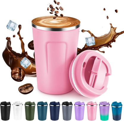 Volhoply 12 oz Double Wall Insulated Vacuum Travel Coffee Mugs with Flip Lid Bulk,Reusable Stainless Steel Leak Proof Coffee Cup,Portable Cafe Thermal Tumbler for Hot & Cold Drinks(Mix,2 Set)