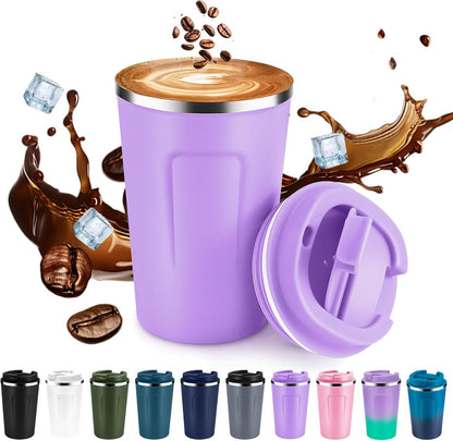 Volhoply 12 oz Double Wall Insulated Vacuum Travel Coffee Mugs with Flip Lid Bulk,Reusable Stainless Steel Leak Proof Coffee Cup,Portable Cafe Thermal Tumbler for Hot & Cold Drinks(Mix,2 Set)
