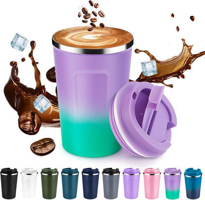 Volhoply 12 oz Double Wall Insulated Vacuum Travel Coffee Mugs with Flip Lid Bulk,Reusable Stainless Steel Leak Proof Coffee Cup,Portable Cafe Thermal Tumbler for Hot & Cold Drinks(Mix,2 Set)