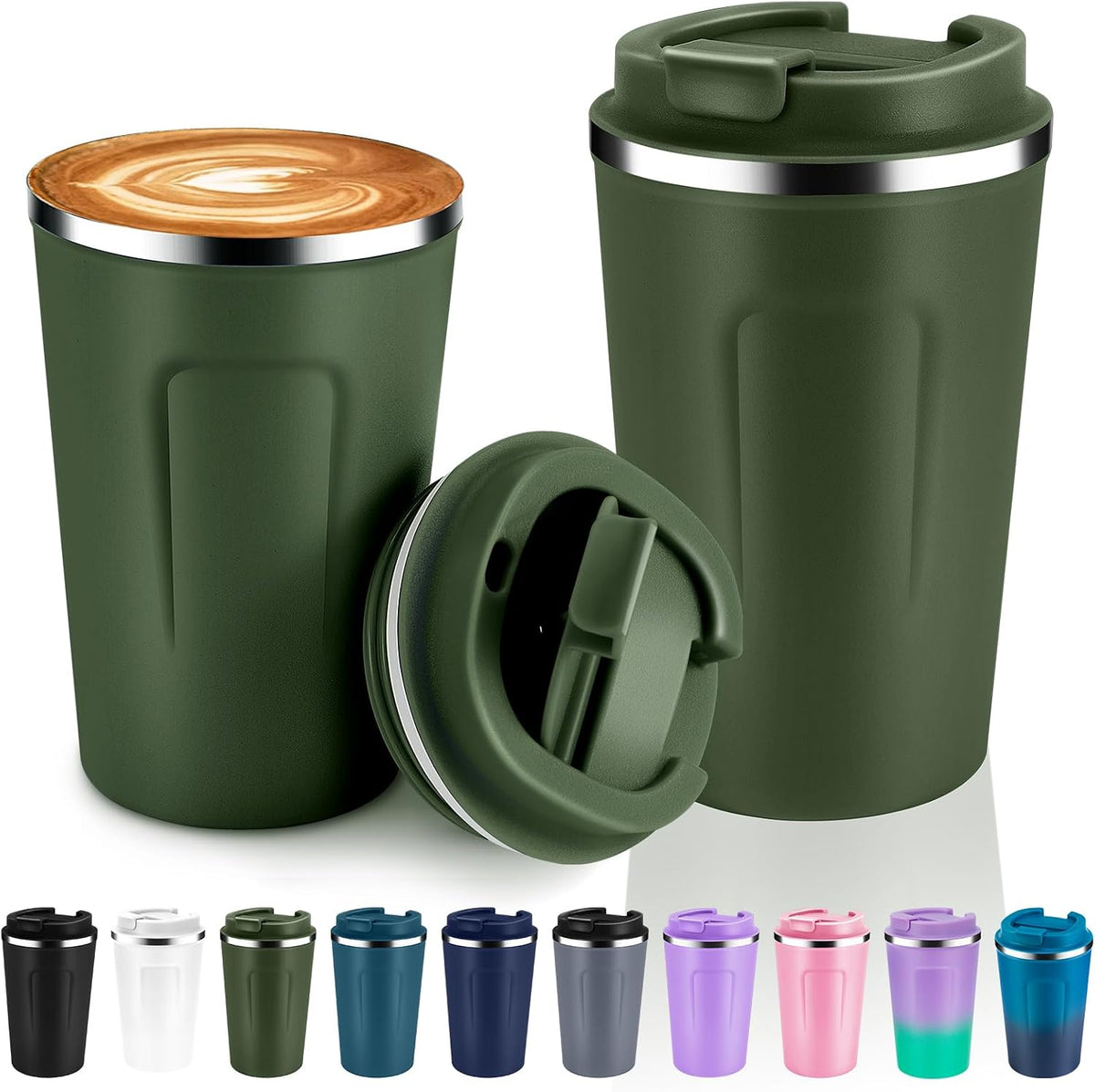 Volhoply 12 oz Double Wall Insulated Vacuum Travel Coffee Mugs with Flip Lid Bulk,Reusable Stainless Steel Leak Proof Coffee Cup,Portable Cafe Thermal Tumbler for Hot & Cold Drinks(Mix,2 Set)