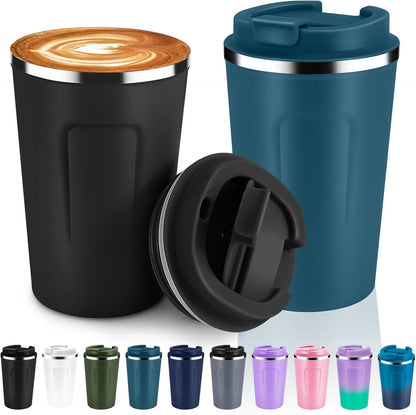 Volhoply 12 oz Double Wall Insulated Vacuum Travel Coffee Mugs with Flip Lid Bulk,Reusable Stainless Steel Leak Proof Coffee Cup,Portable Cafe Thermal Tumbler for Hot & Cold Drinks(Mix,2 Set)