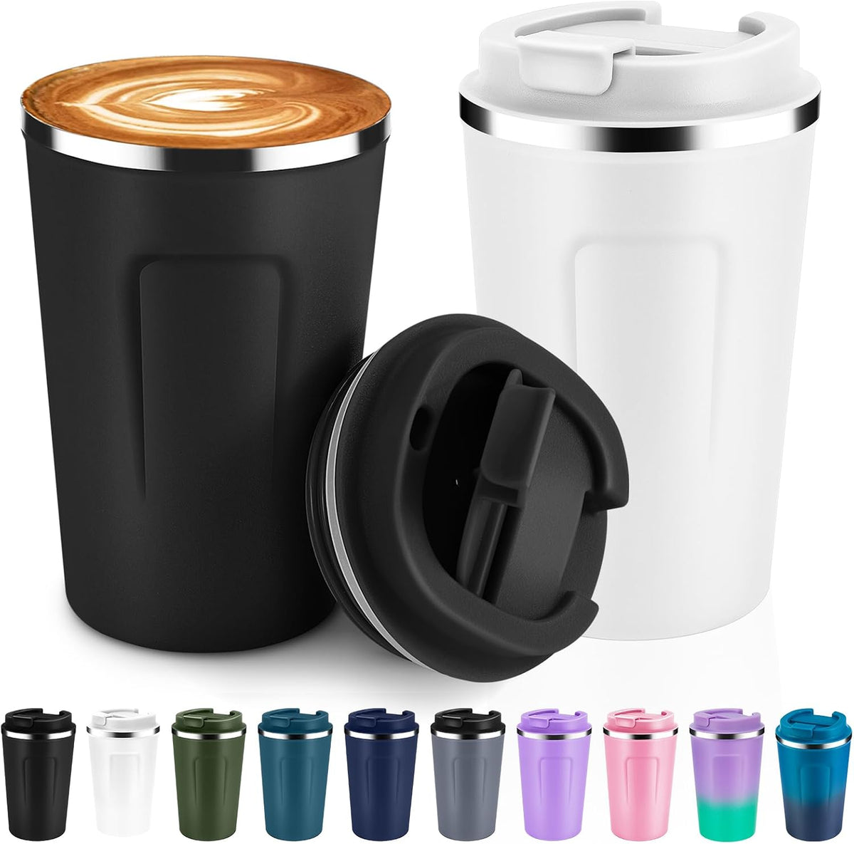 Volhoply 12 oz Double Wall Insulated Vacuum Travel Coffee Mugs with Flip Lid Bulk,Reusable Stainless Steel Leak Proof Coffee Cup,Portable Cafe Thermal Tumbler for Hot & Cold Drinks(Mix,2 Set)