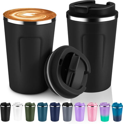 Volhoply 12 oz Double Wall Insulated Vacuum Travel Coffee Mugs with Flip Lid Bulk,Reusable Stainless Steel Leak Proof Coffee Cup,Portable Cafe Thermal Tumbler for Hot & Cold Drinks(Mix,2 Set)