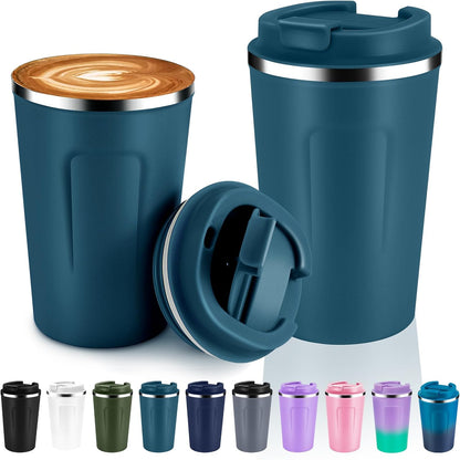 Volhoply 12 oz Double Wall Insulated Vacuum Travel Coffee Mugs with Flip Lid Bulk,Reusable Stainless Steel Leak Proof Coffee Cup,Portable Cafe Thermal Tumbler for Hot & Cold Drinks(Mix,2 Set)