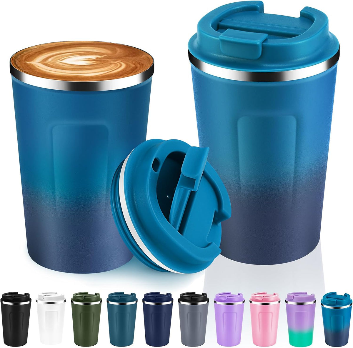 Volhoply 12 oz Double Wall Insulated Vacuum Travel Coffee Mugs with Flip Lid Bulk,Reusable Stainless Steel Leak Proof Coffee Cup,Portable Cafe Thermal Tumbler for Hot & Cold Drinks(Mix,2 Set)