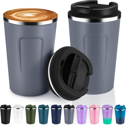 Volhoply 12 oz Double Wall Insulated Vacuum Travel Coffee Mugs with Flip Lid Bulk,Reusable Stainless Steel Leak Proof Coffee Cup,Portable Cafe Thermal Tumbler for Hot & Cold Drinks(Mix,2 Set)